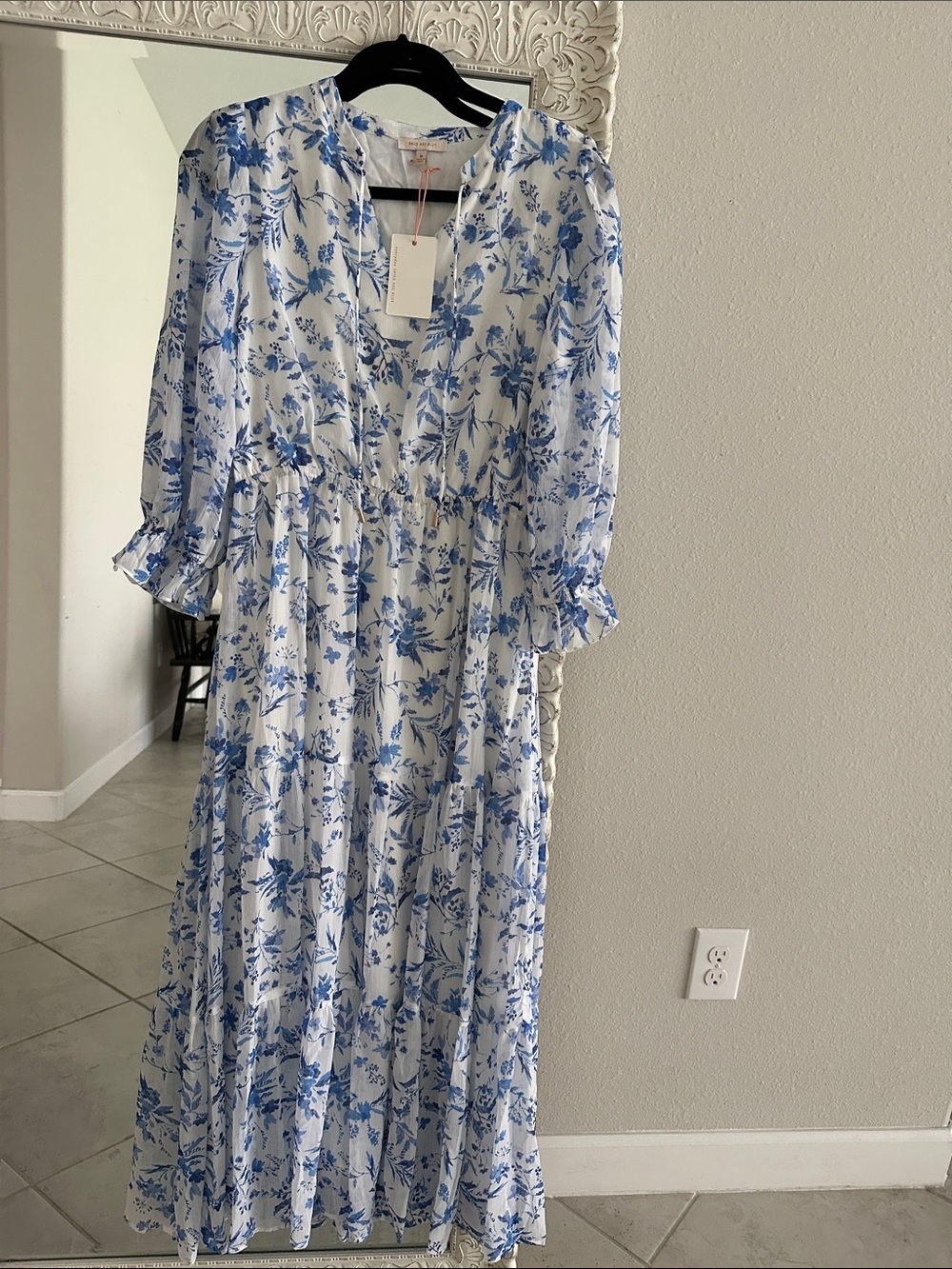 Skies Are Blue White Maxi Dress with Blue Floral Print